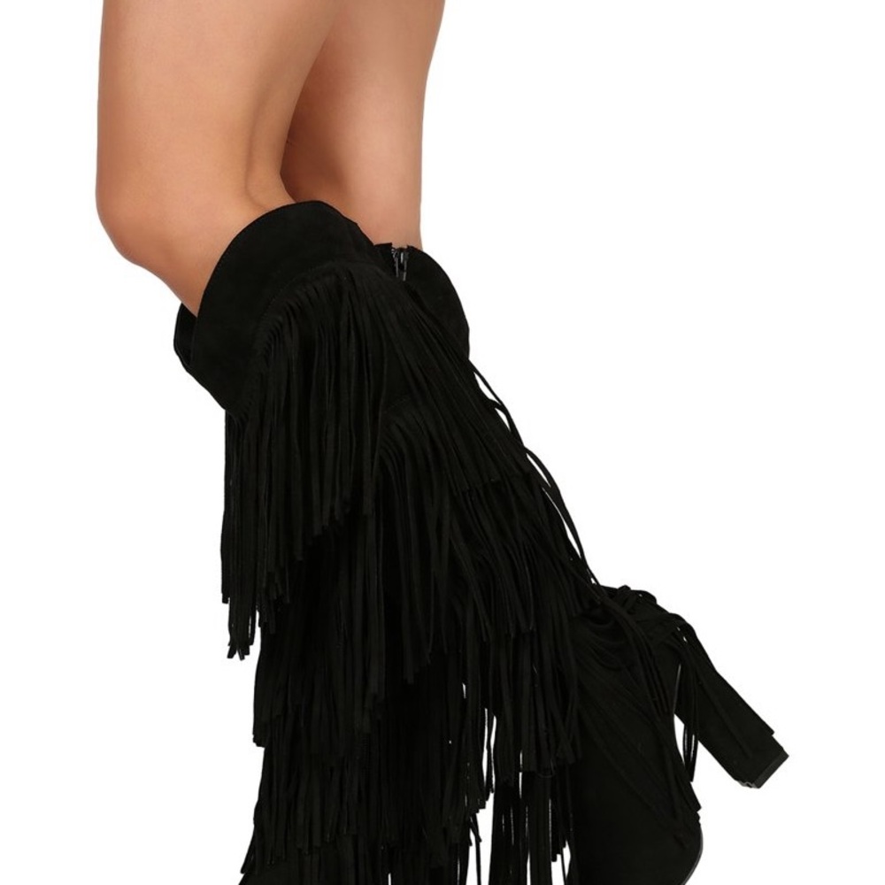 New Fringe Black Knee-High Boots
